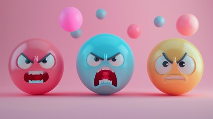 Fototapeta premium Three colorful angry emoticon faces, including red, blue, and orange, expressing different levels of anger against a simple pink background.