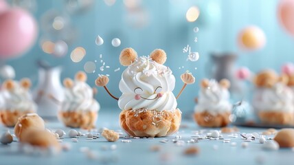 A whimsical illustration of a choux pastry puff character offering a bite of its filling.