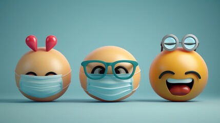 Obraz premium Three emoticons with protective face masks, glasses, and accessories on a blue background, symbolizing health awareness and humor.