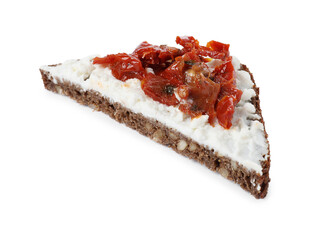 Delicious bruschetta with fresh ricotta (cream cheese) and sun-dried tomatoes isolated on white