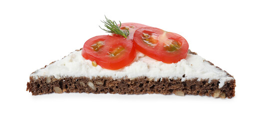 Delicious bruschetta with fresh ricotta (cream cheese), tomato and dill isolated on white