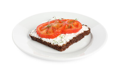 Delicious ricotta bruschetta with sliced tomatoes and dill isolated on white