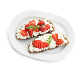 Delicious ricotta bruschettas with strawberry and arugula isolated on white, top view