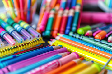 Obraz premium Colorful pens, pencils, and markers are lying on the table, suggesting creativity and back to school supplies