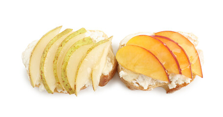 Delicious ricotta bruschettas with pears and apricots isolated on white, top view