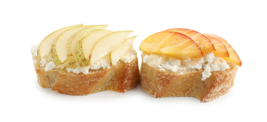Delicious ricotta bruschettas with pears and apricots isolated on white