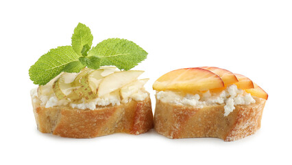 Delicious ricotta bruschettas with pears, apricots and mint isolated on white
