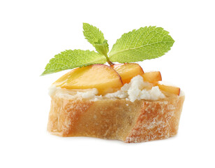 Delicious ricotta bruschetta with apricot and mint isolated on white