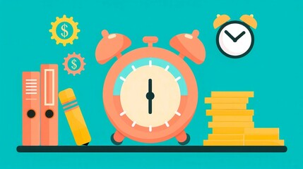 An alarm clock with a stack of gold coins, binders, and a clock, all against a blue background.  A concept for time is money.