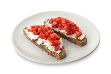 Delicious bruschettas with ricotta cheese and chopped strawberries isolated on white