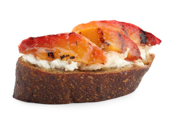 Delicious bruschetta with ricotta cheese and peach isolated on white