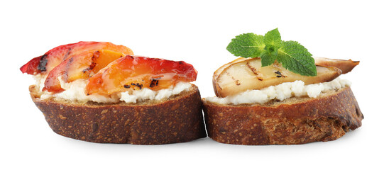 Delicious bruschettas with ricotta cheese isolated on white