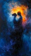 Silhouette of two people sharing a romantic moment, surrounded by vibrant swirls of blue and orange colors, resembling an abstract painting.
