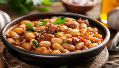 Steamed white beans with meat in tomato sauce on wooden table background