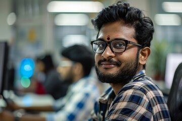 Obraz premium Information technology photography with Indian tech worker and computers in out of focus background Generative Ai