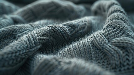 Macro shot of a blue knit sweater showcasing intricate texture.
