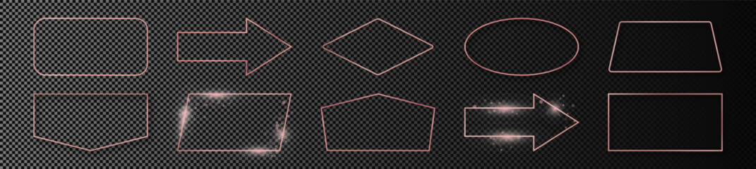 Set of rose gold glowing different geometric shape frames