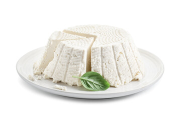 Tasty ricotta (cream cheese) and basil isolated on white