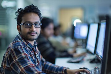 Fototapeta premium Information technology photography with Indian tech worker and computers in out of focus background Generative Ai