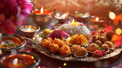 Fototapeta premium Vibrant Diwali Thali Feast with Fragrant Basmati Rice Crispy Vegetable Pakoras and Syrupy Rasgulla Sweets