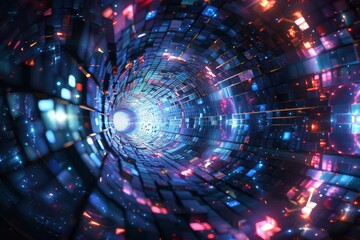 Fototapeta premium Futuristic Digital Tunnel. Sci-Fi Background with Glowing Lights on Walls of Endless Corridor