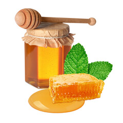 Jar with honey, dipper and honeycomb isolated on white