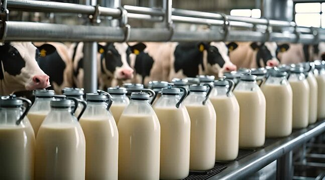 Modern Dairy Farm. Row of Cows Milking Process