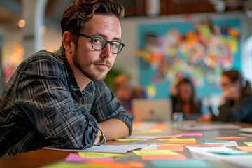 a digital marketer in a brainstorming session with the creative team, sticky notes, and sketches on the table. a group of professionals engaged in a brainstorming session.