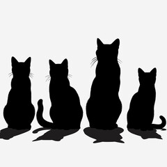 Obraz premium Silhouette of four cats sitting in a row. White background.