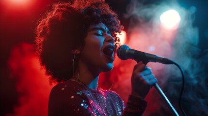 Obraz premium A young woman with a vibrant afro sings into a microphone on stage, bathed in red and blue spotlights. Her voice is powerful and emotional, captivating the audience with her performance