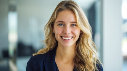 Smiling Professional German Young Woman in Business Environment for Corporate Use, Print, Card, Poster