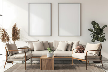 Modern living room with blank frames