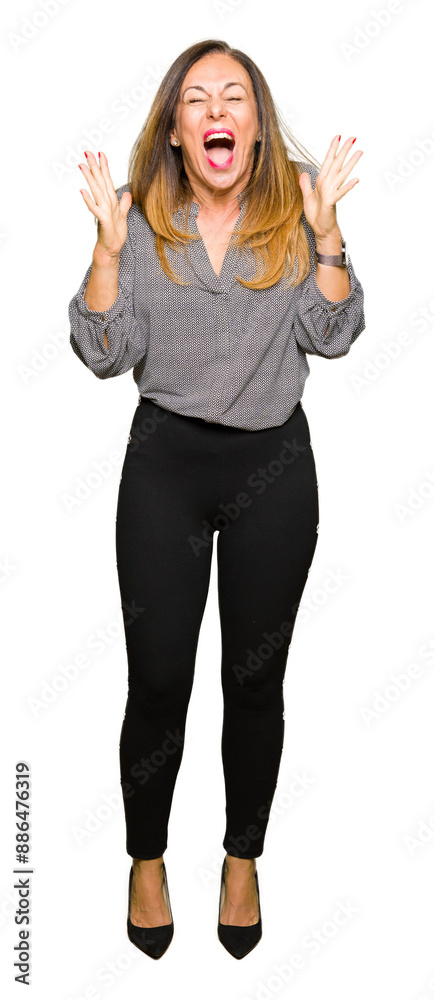 Poster beautiful middle age business woman celebrating mad and crazy for success with arms raised and close