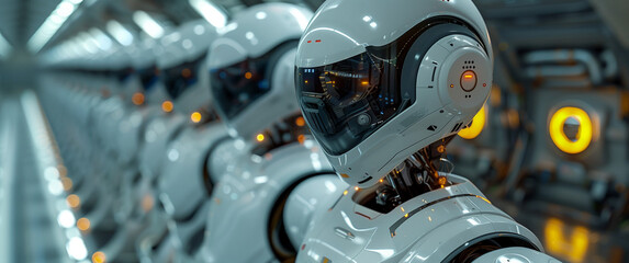 Fototapeta premium This image showcases a row of advanced AI robots in a futuristic workspace. Each robot is equipped with state-of-the-art technology