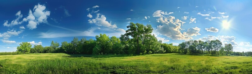 Sunny Meadow with Lush Green Trees and Blue Sky