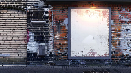 Empty blank white poster on old brick wall in a trendy shopping district