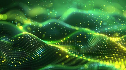 Abstract green and yellow digital wave pattern with glowing dots on a dark background, depicting futuristic technology and data flow.
