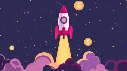 Colorful rocket ship launching into the starry night sky, representing startup success and financial growth with coin symbols.