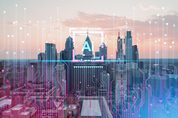 Philadelphia skyline with futuristic holographic overlay, vibrant colors on a cityscape background. Technology and urban concept. Double exposure