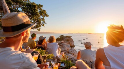 A group of friends in hats sit together on a clifftop, enjoying a sunset by the sea. The breathtaking landscape and camaraderie create a memorable moment.