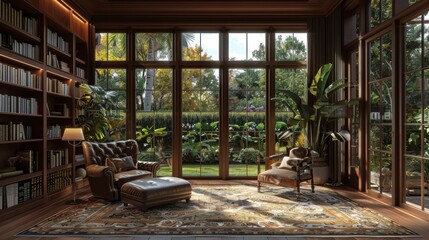 mediterranean home office, evoke mediterranean charm in a study with rich dark wood shelves, a cozy reading chair, and a garden view, fostering creativity and productivity