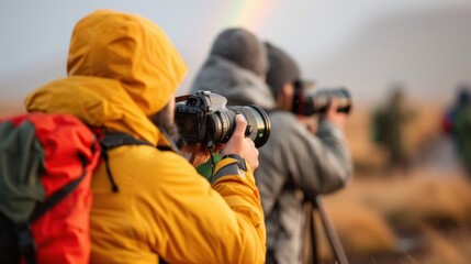 Fototapeta premium Photographers in colorful winter attire and backpacks take scenic photographs in a field during a rainbow, showing their dedication to capturing beautiful moments.