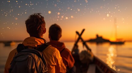 Fototapeta premium Two people enjoying a stunning twilight scene with a boat, silhouetted by the starry sky and glowing horizon, capturing a perfect moment of tranquility and beauty.