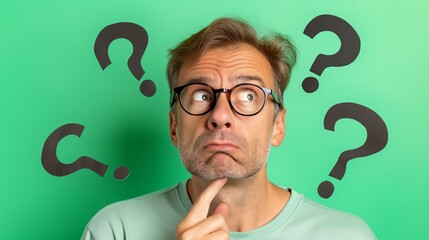 A man with glasses is looking at a wall with a bunch of questions on it. He is deep in thought, possibly trying to answer the questions or contemplating the meaning behind them