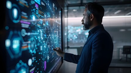 Professional Presenting Digital Communication Strategy on Interactive Screen in Modern Boardroom