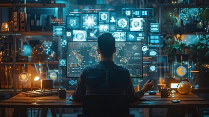 Tech Savvy Entrepreneur Managing Business Networks from Futuristic Home Office with Advanced Digital Tools