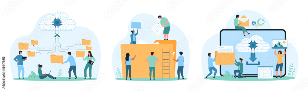 Wall mural cloud data storage service set. tiny people put digital document in folder, work with cloud director
