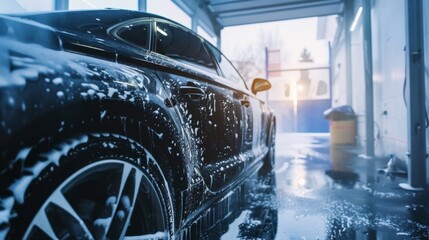 Fototapeta premium Modern black car in a car wash with foam and water jet.&nbsp;High pressure cleaning machine