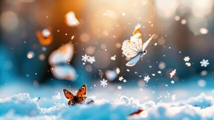 Naklejka premium A picturesque scene of butterflies waltzing amid falling snowflakes and autumn leaves, highlighting the perfect interplay of different seasons under a soft, golden-hued light.