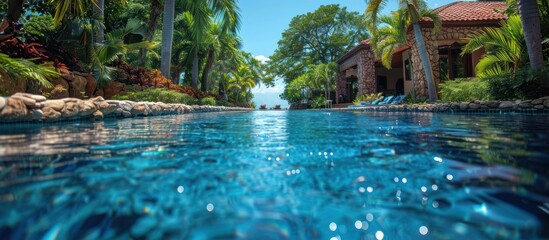 Obraz premium Tropical Poolside Escape with a Stone Building